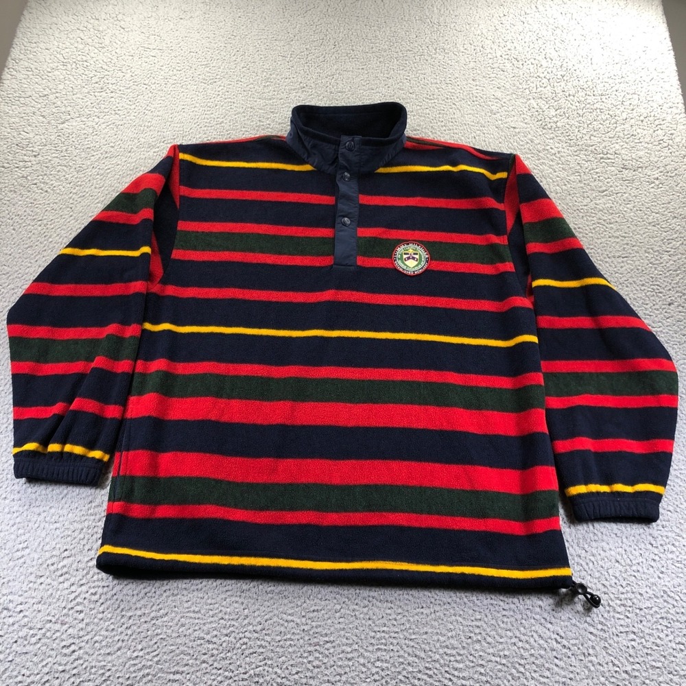 Vintage Tommy Hilfiger Jacket Mens M Red Blue Striped Crest Patch Fleece Snap